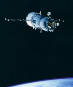 A Russian Soyuz transport in low earth orbit